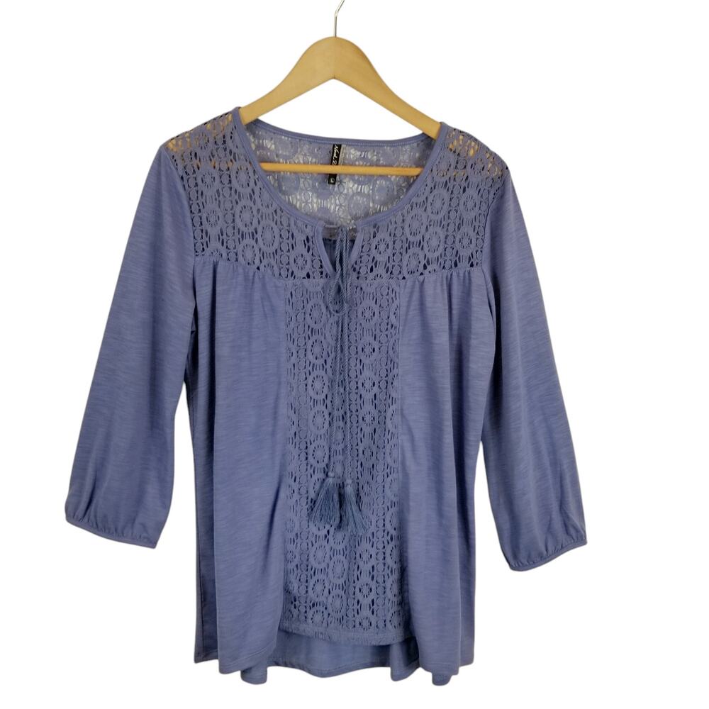 North River Women's Blue Lace Detail Tassel Tie Popover Blouse Size Large
